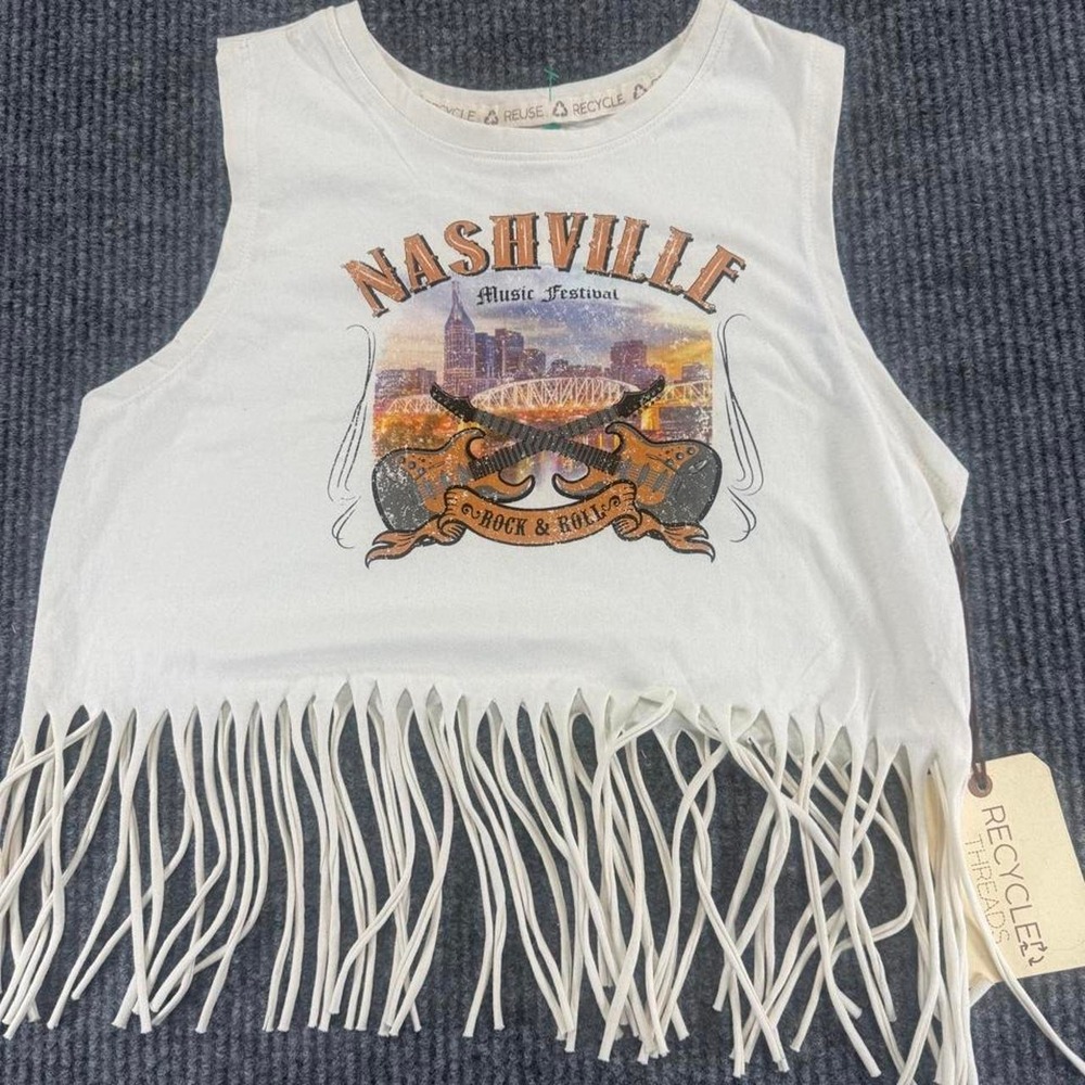Nashville Music Festival white fringe crop top with Nashville skyline graphic